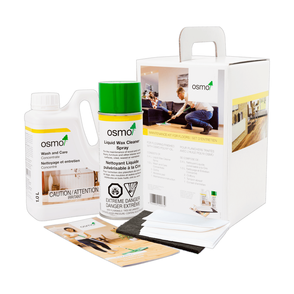 Osmo floor maintenance kit with Wash and Care concentrate, Liquid Wax Cleaner Spray, cloths, and care instructions